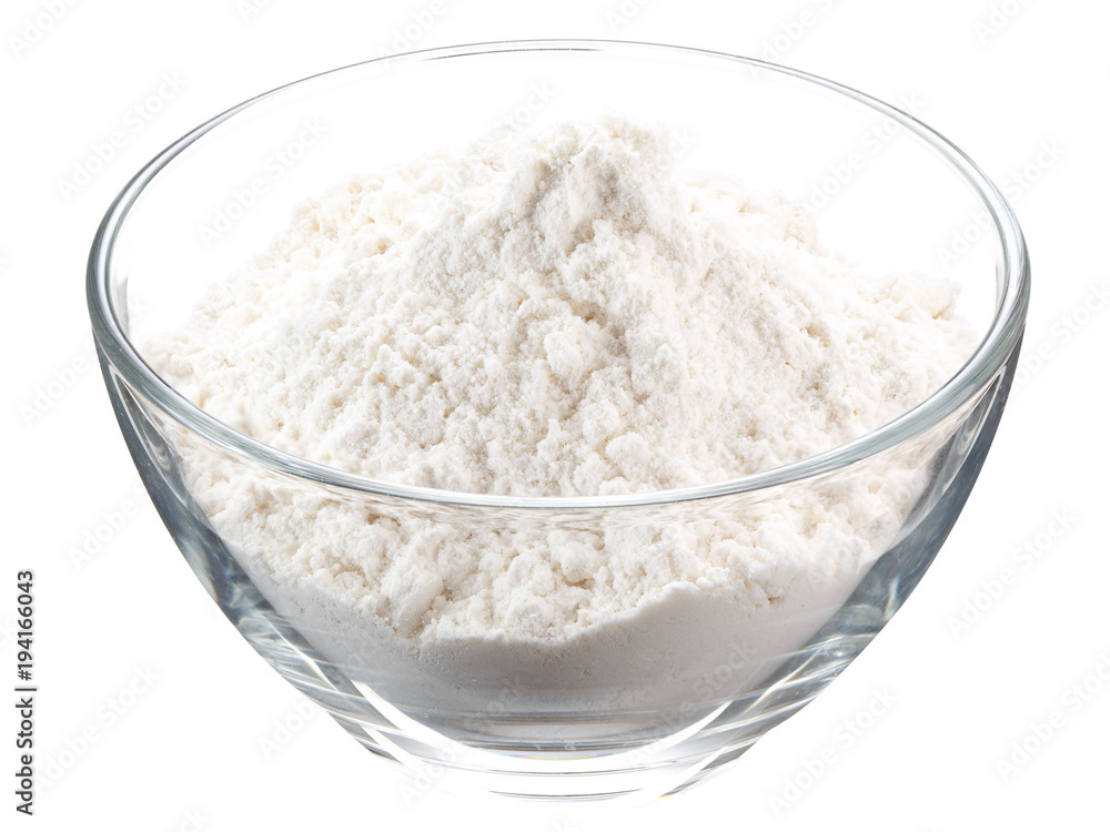 flour in glass container isolated on white background