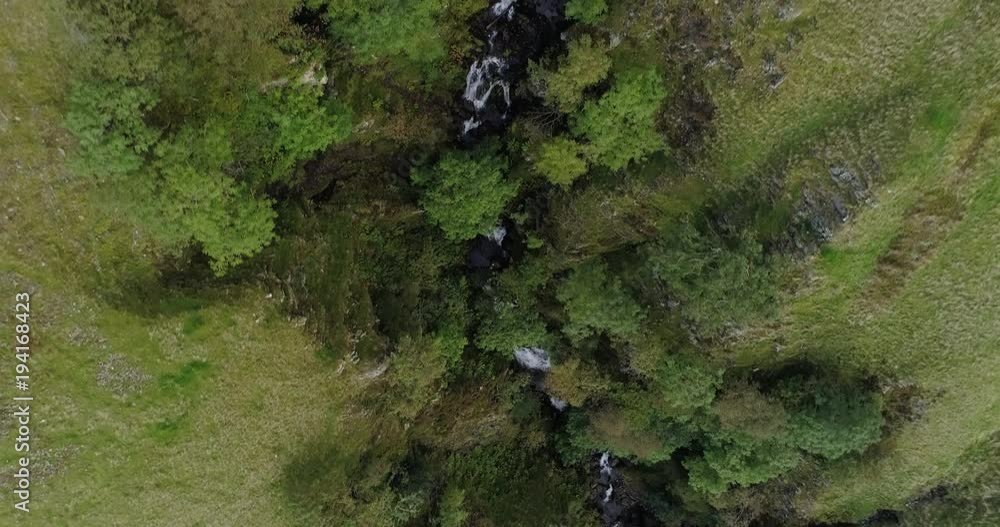 Top down aerial shot of a waterfall on the hillside. Top down aerial shot of a waterfall on the hillside.