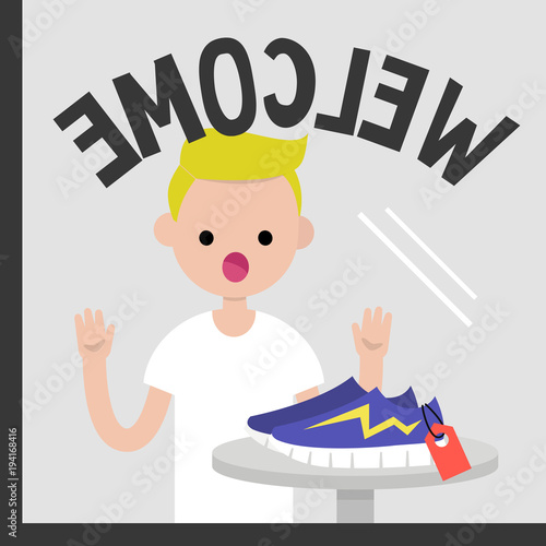 Young character staring at the pair of sneakers at the glass case. Sale. Fashion.  Shopping. Lifestyle. Flat editable vector illustration, clip art