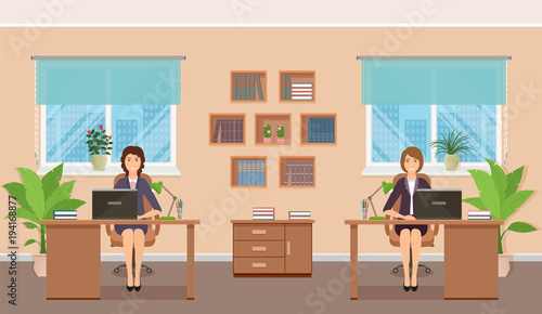 Office interior design with staff and furniture. Two women office employee sitting on working places.