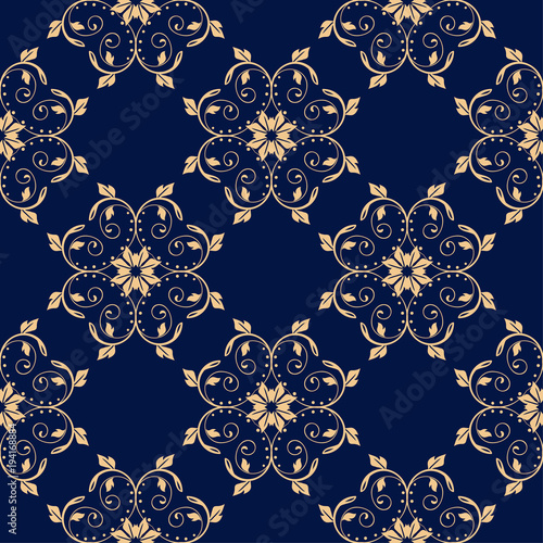 Golden floral seamless design on blue background