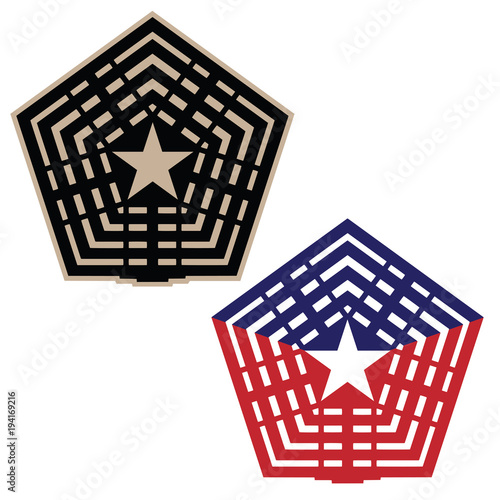 Pentagon vector illustration in black and tan, and red white and blue versions