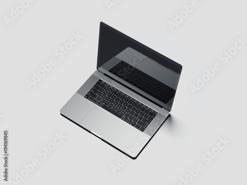 Opened silver laptop with black screen. 3d rendering