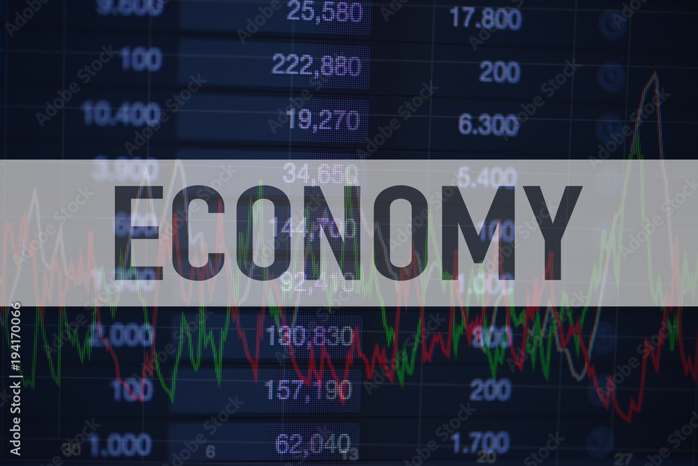 Obraz premium Background of numbers and trading charts with the word Economy written above. Economy.