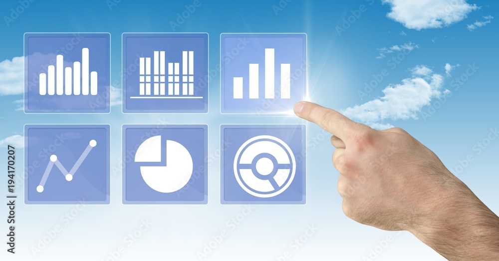 Hand touching business chart statistic icons Hand touching business chart statistic icons