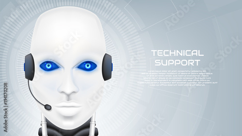 Concept of technical support with robot. Professional operator of call centre. Techno background with cyborg head. Vector illustration with artificial intelligence organism.
