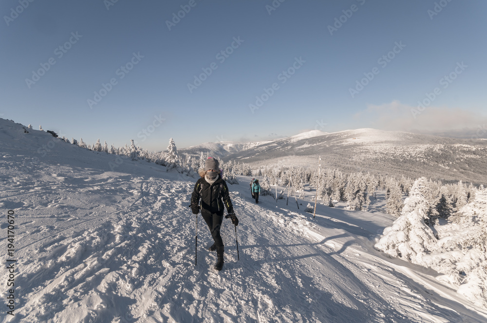 Mountain hiking in winter