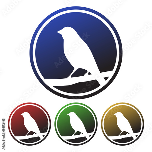 Circular  gradient  four colors  icon of a bird perched on a tree branch. White bird silhouette icon. Isolated on white 