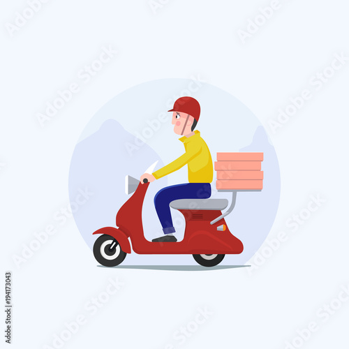 Courier on a scooter delivering pizza to customers.