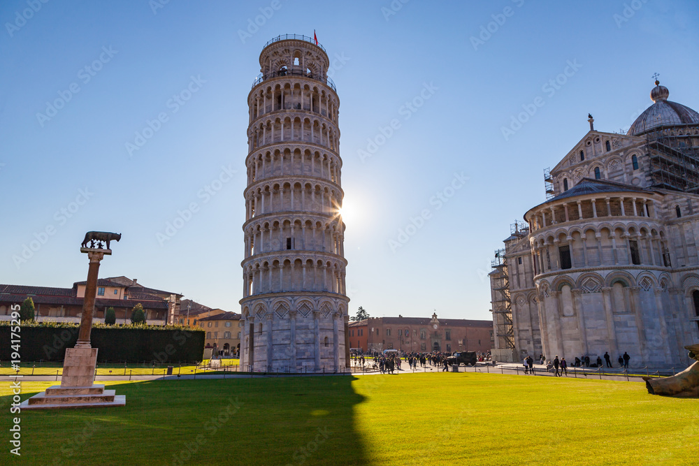 Leaning Tower of Pisa, a Unesco World Heritage Site and one of the most recognized and famous buildings in the world, Tuscany, Italy