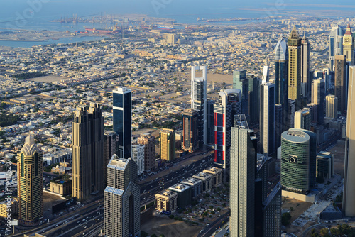 Aerial view of skyscrapers of Dubai World Trade center