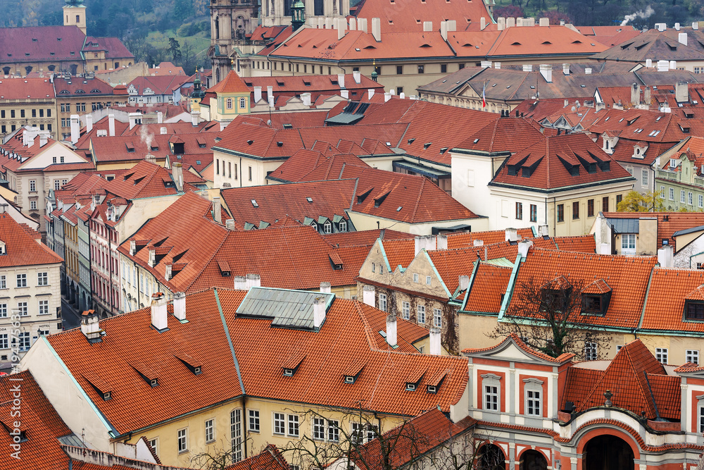 Landscape of Prague with Red Prague roofs, Czech Republic