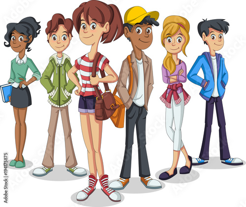 Group of cartoon young people. Teenagers students.
