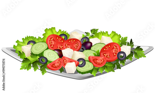 Greek salad with feta cheese, sliced tomatoes, lettuce, cucumbers, parsley and olives. Hand drawn vector illustration isolated on white background.