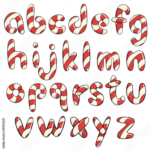 Hand drawn vector candy cane ABC lower case letters