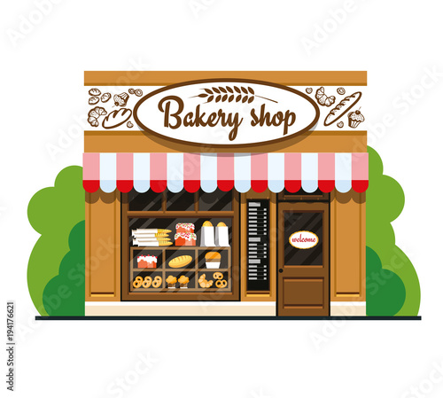 Bakery shop. Bakery shop in flat style. The facade of a bakery shop. The facade of a bakery shop in flat style. Vector illustration Eps10 file