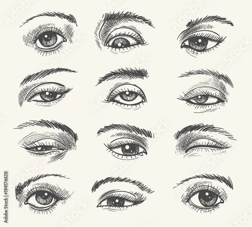 Vintage eyes. Vector human eye set old drawing for medicine and cosmetic illustrations in retro engraved style