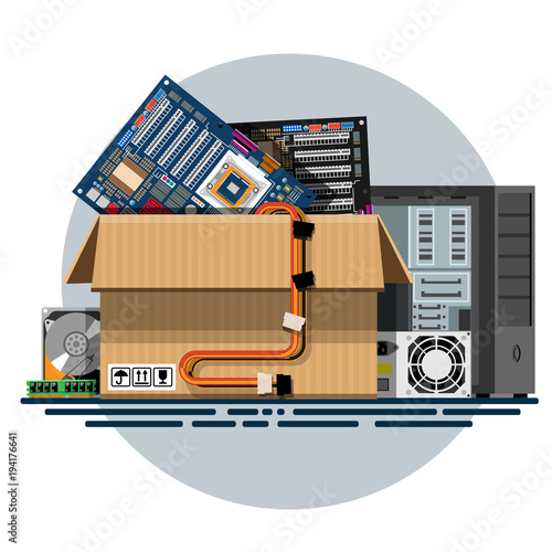 Illustration of a cardboard box with old things in a flat style. Box with old stuff vector. Computer hardware, motherboard, power supply, hard drive, RAM, computer case. Vector illustration Eps10 file