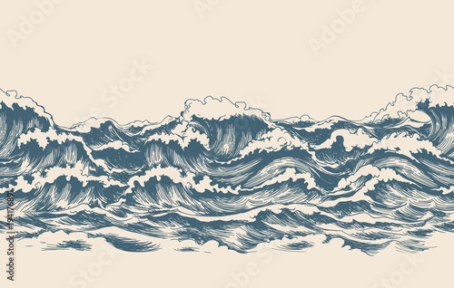 Sea waves sketch pattern. Ocean surf wave hand drawn horizontal seamless pattern vector illustration photo