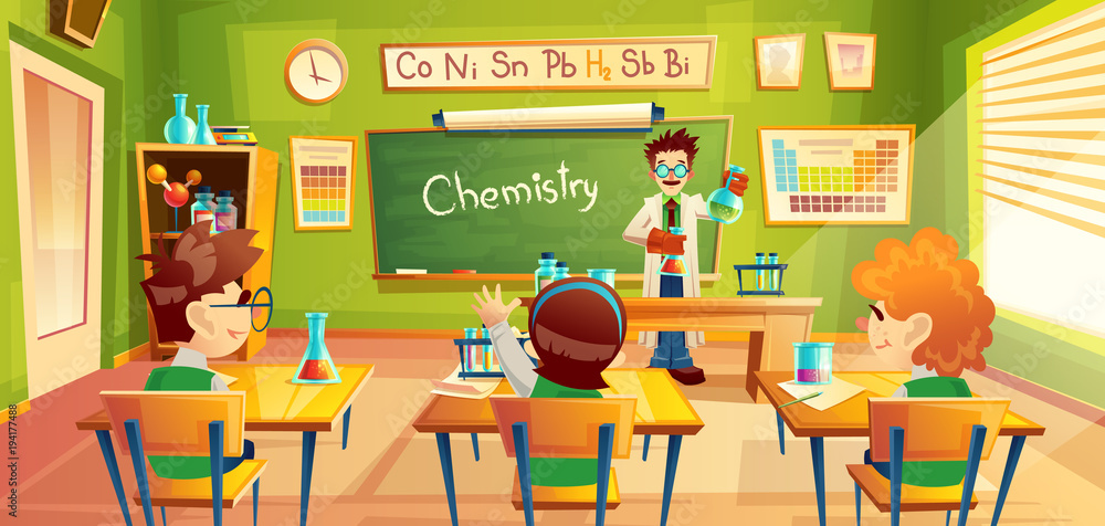 Vector colorful background with school children in classroom at a chemistry  lesson. Teacher holds flasks and makes chemical experiment for students in  training room. Education concept illustration Stock Vector | Adobe Stock