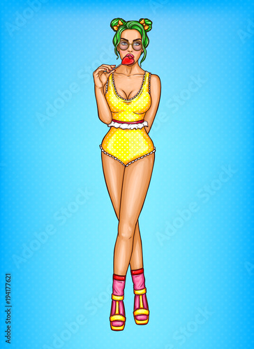 Vector pop art pin up sexy punk girl in swimsuit sucks red lollipop. Naked woman in glasses, painted lips. Flirting concept, female character with big breast on high heels. Advertising, promotion or