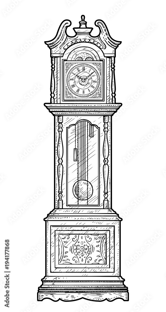 Grandfather clock illustration, drawing, engraving, ink, line art