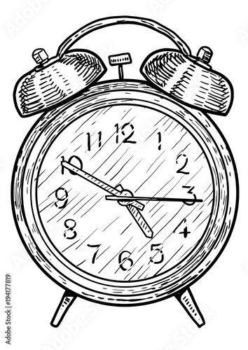 Alarm clock illustration, drawing, engraving, ink, line art, vector