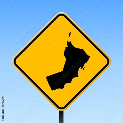 Oman map on road sign. Square poster with Oman country map on yellow rhomb road sign. Vector illustration.