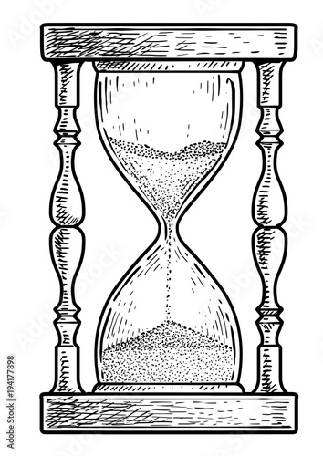 Hourglass illustration, drawing, engraving, ink, line art, vector