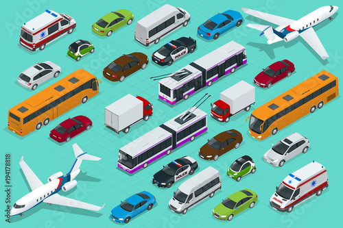 Isometric city transport with front and rear views. Trolley, plane, sedan, van, cargo truck, off-road, bike, mini and sport cars. Urban public and freight vehihle.