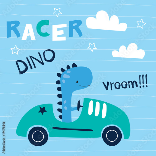 cute dinosaur animal with car vector illustration