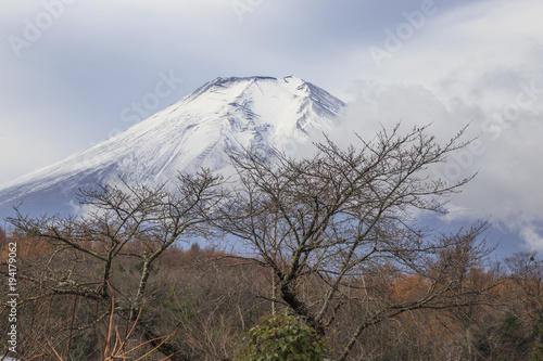 View of mount Fuji with snow from Oshino Hakkai ancient village 