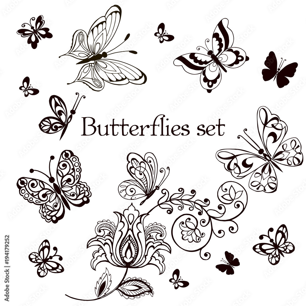 Set Butterflies Monochrome Black Pictograms Isolated on White Background.