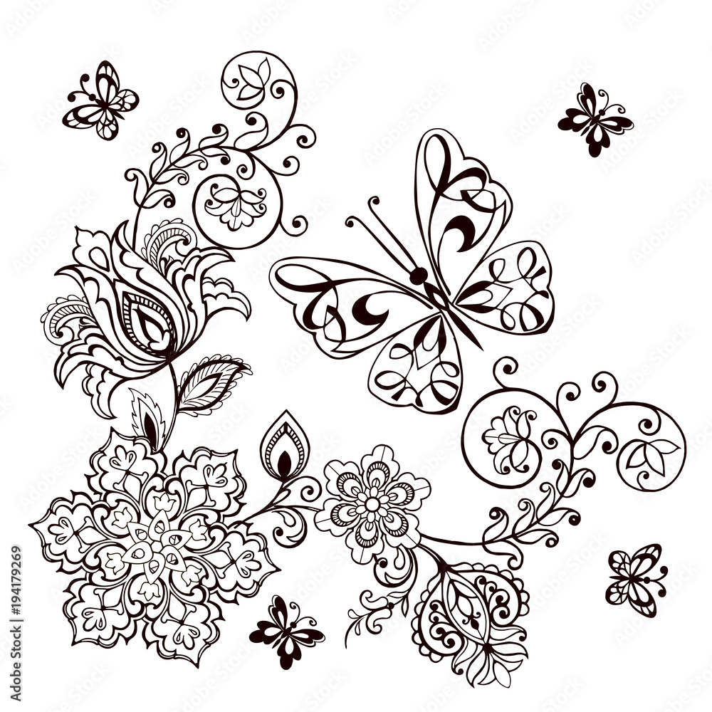 Hand drawn Decorative butterfly with florals for the anti stress coloring page. Butterflies Monochrome Black Pictograms Isolated on White Background. Hand drawn Decorative butterfly with florals for the anti stress coloring page. Butterflies Monochrome Black Pictograms Isolated on White Background.