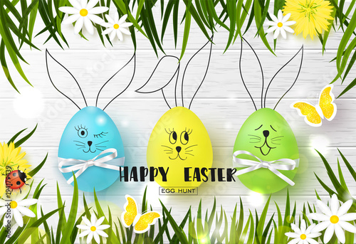 Happy Easter background with funny colorful eggs, grass, flowers, ladybug and butterfly on wooden texture. Egg hunt. Vector illustration. Design layout for invitation, card, banner, poster, voucher.