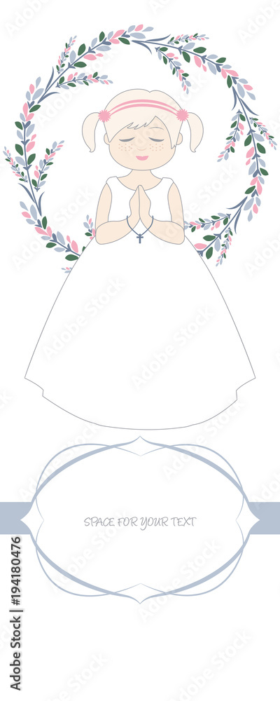 First communion celebration reminder. Cute girl wearing a white dress, surrounded by flower wreath. Space for text First communion celebration reminder. Cute girl wearing a white dress, surrounded by flower wreath. Space for text