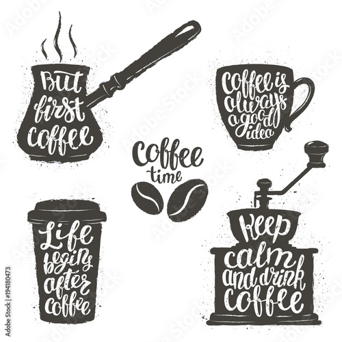 Coffee lettering in cup, grinder, pot shapes. Modern calligraphy  quotes about coffee. Vintage coffee objects  set with hanwritten phrases. photo