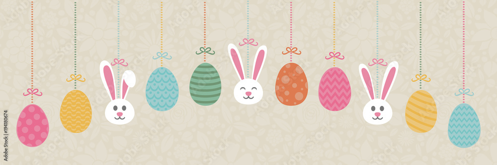 Easter - panoramic banner with hanging bunnies and eggs. Vector.