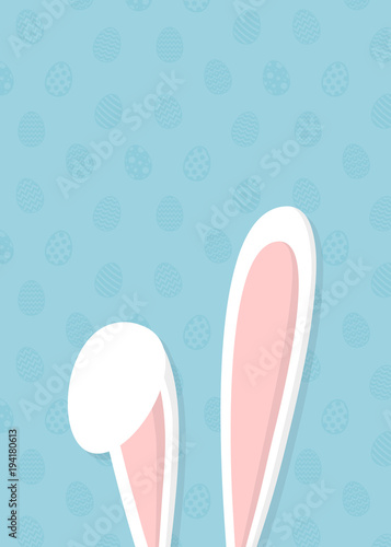 Cute Easter Bunny ears on background with eggs. Easter background with copyspace. Vector.