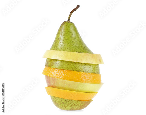Various type of fruits in slices stacked on white background, fruits sandwich.