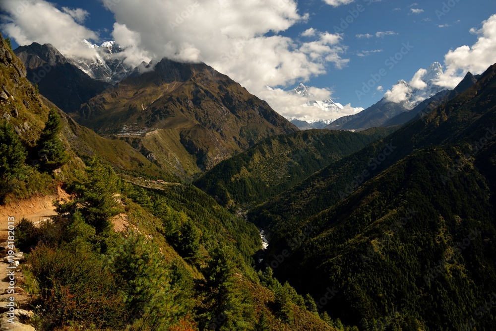 View of Mt. Cholatse, Mt. Tawache, Mt. Lhotse, Phortse village, Tengboche monastery and Mt. Ama Dablam, Dudh Kosi River valley, Solukhumbu District, Sagarmatha Zone, Himalayas, Nepal, Asia - obrazy, fototapety, plakaty 