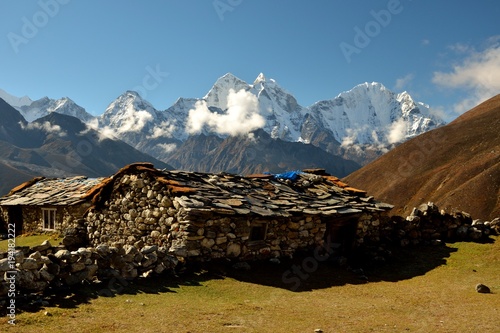 Cattle shed, View of Mt. Kangtega and Mt. Thamserku, above the Pheriche village, Dusa, Dingboche, Solukhumbu District, Sagarmatha Zone, Himalayas, Nepal, Asia	 photo