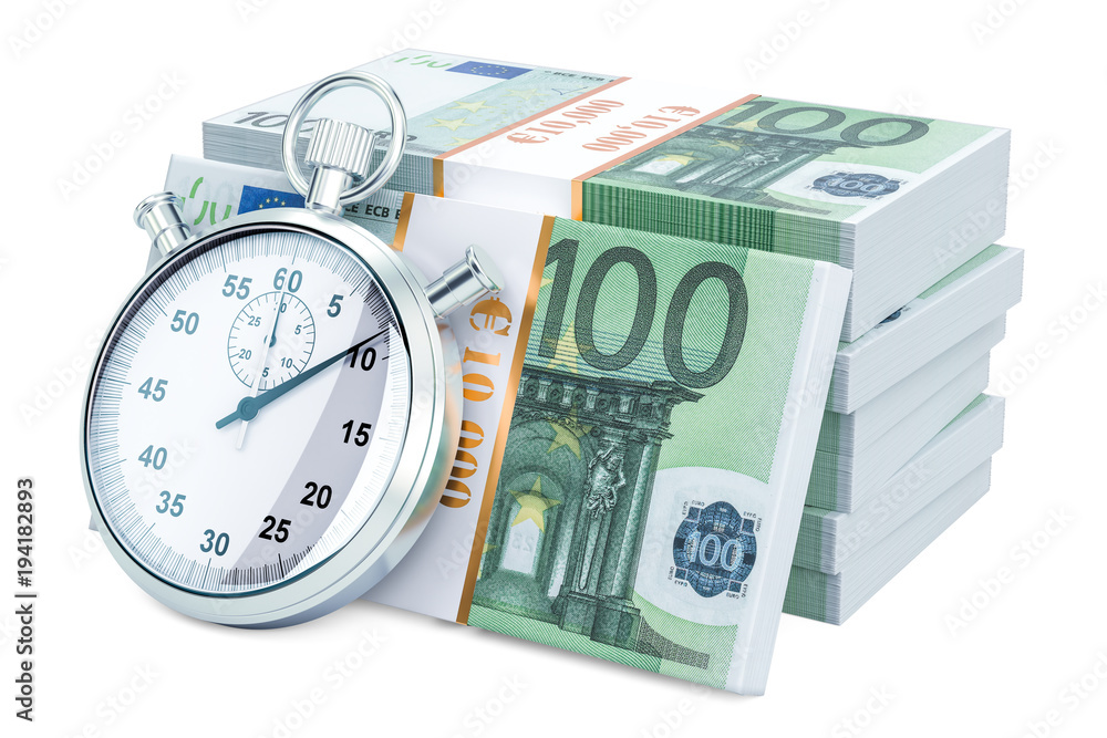 Euro packs with stopwatch, make money concept. 3D rendering Euro packs with stopwatch, make money concept. 3D rendering