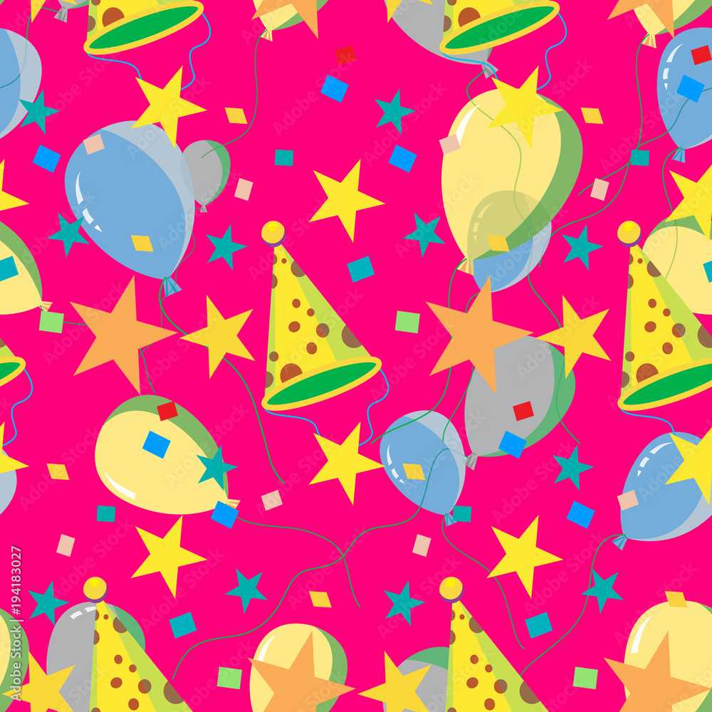 Seamless repeating pattern of balloons, caps, confetti Seamless repeating pattern of balloons, caps, confetti