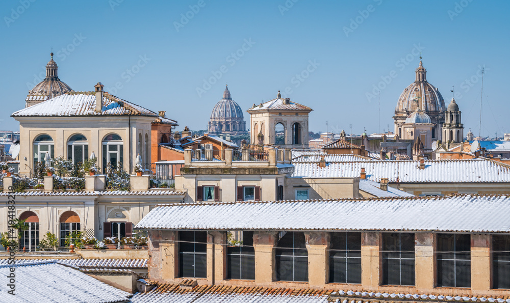 Snow in Rome in February 2018, panoramic sight of roofs covered in snow from the Caffarelli Terrace on the Capitoline Hill.