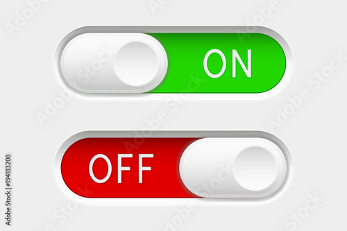 On and Off slider buttons. Red and green switch interface buttons