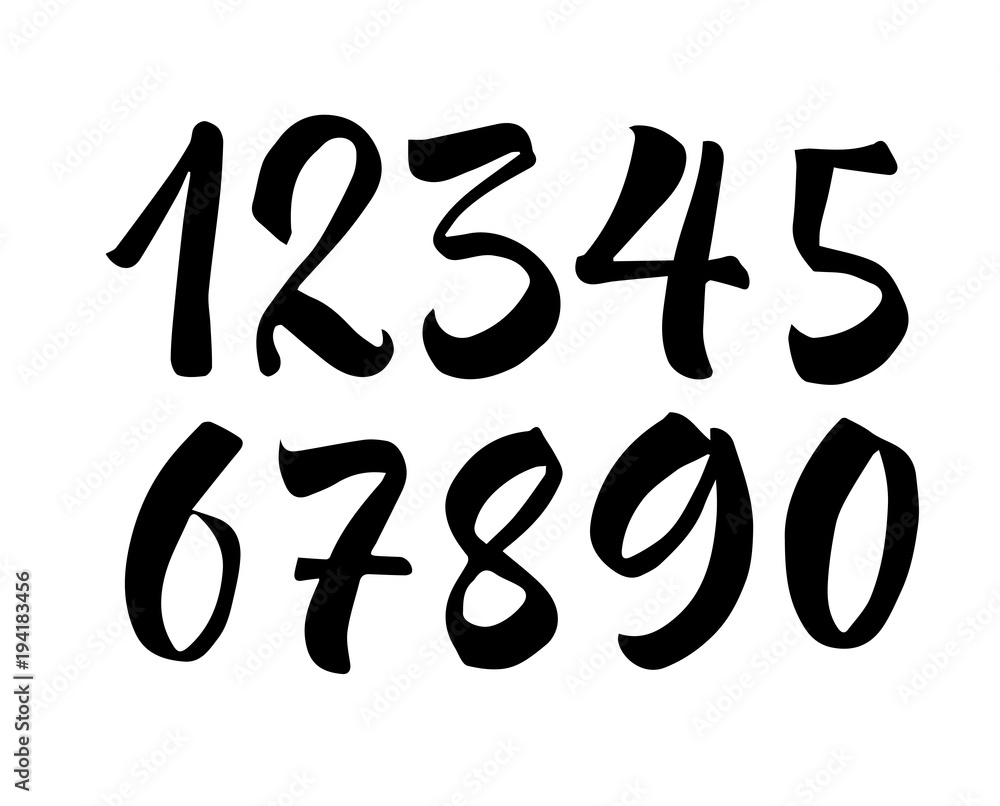 Brush lettering numbers. Modern calligraphy, handwritten letters