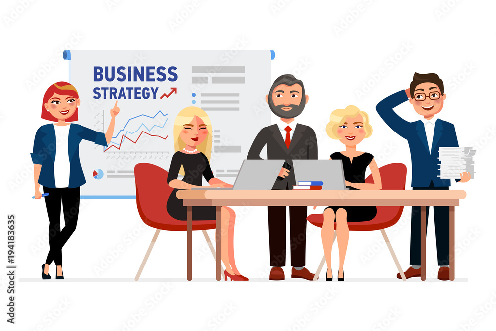 Set of business people cartoon characters. Colleagues at the meeting,  business woman pointing at the white board with the business strategy  charts. Collaborators concept vector flat illustration. Stock Vector |  Adobe Stock