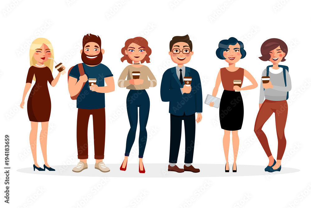 People drinking coffee vector flat illustration. Cartoon characters of young people with cup of coffee spending time together . Girls and boys standing in various poses isolated on white background.