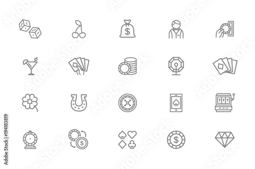 Set of vector gambling and casino line icons. Dice, horseshoe, clover, roulette, jackpot slot machine, lottery bingo, game cards, croupier, fortune wheel and more.
